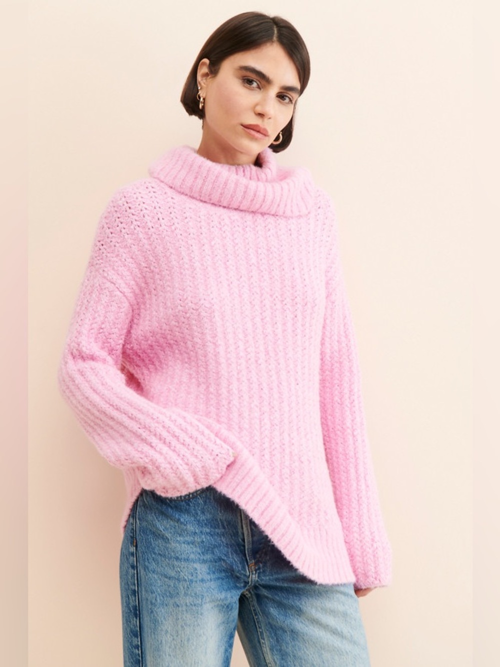 ANTHROPOLOGIE MAEVE Pink Oversized Cowl-Neck Pullover Sweater Rib Knit Size S